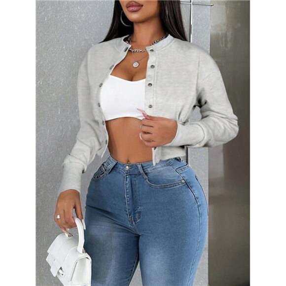 Women's Long Sleeve Minimalist Front Button Jacket, Casual Everyday Wear